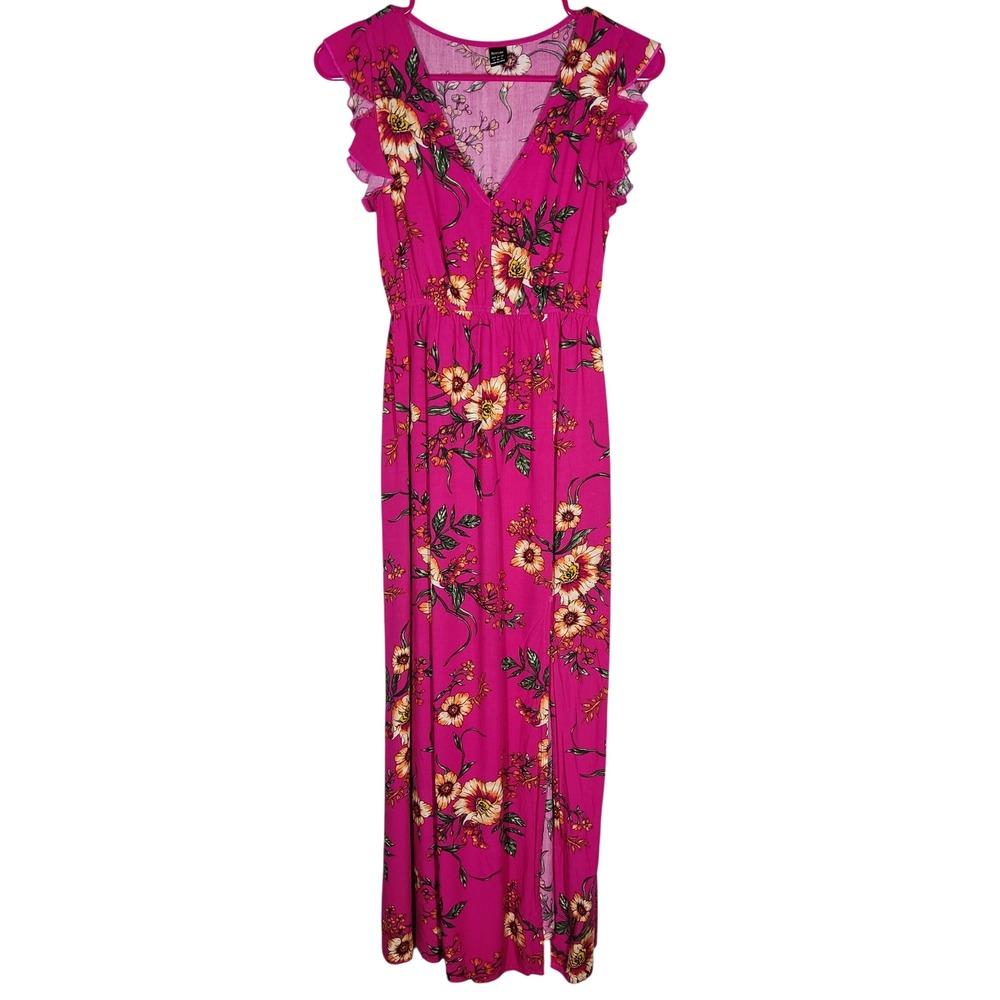 Boture Maxi Dress Womens‎ S Pink Floral Ruffle Sleeve V-Neck Slit Summer Boho
